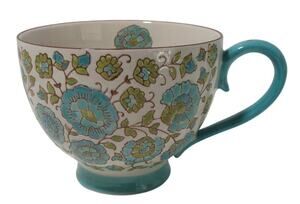 Dutch Wax Ceramic Footed White, Blue & Green Floral Coffee / Tea Mug 14OZ